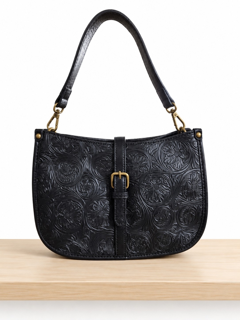 Classic Embossed Faux Leather Shoulder Bag in Black